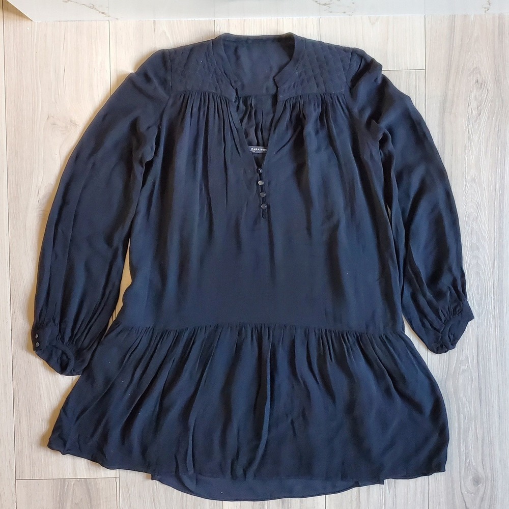 Zara Dress Womens XS Black Drop Waist Boho Long Sleeve Smock Tunic‎